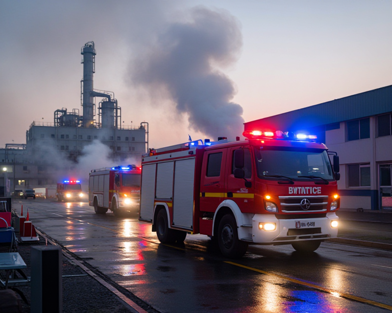 Emergency Scene at Factory Fire