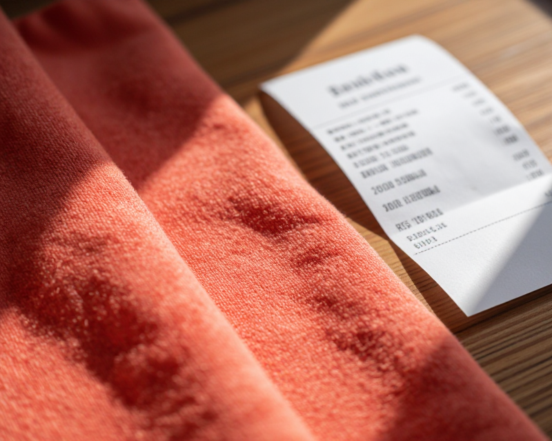 A cinematic close-up of a coral-colored fabric and a shopping receipt on a sunlit wooden table, warm natural light, soft shadows, high texture detail, cozy and bright atmosphere, macro photography style, 8k resolution